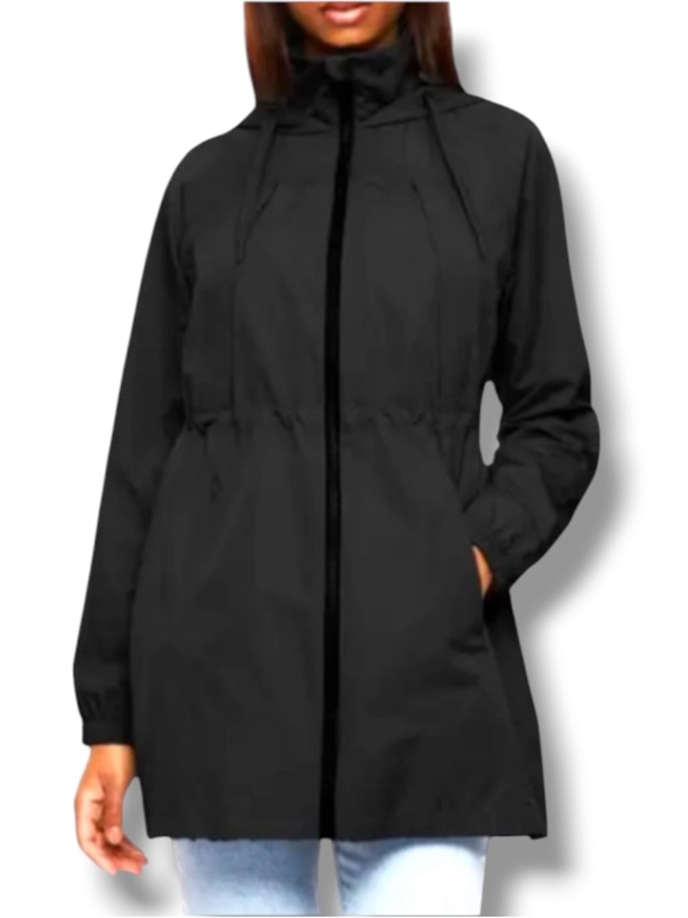 Bernardo Women’s Black Hooded Rain Jacket Eco-Minded Sustainable Coat